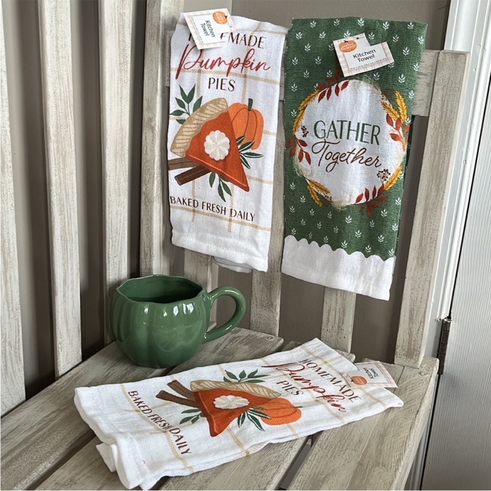 Pumpkin Pie Kitchen Towel Set - With Pumpkin Shaped 16oz Coffee Cup 🍃🆕🍃4pcs